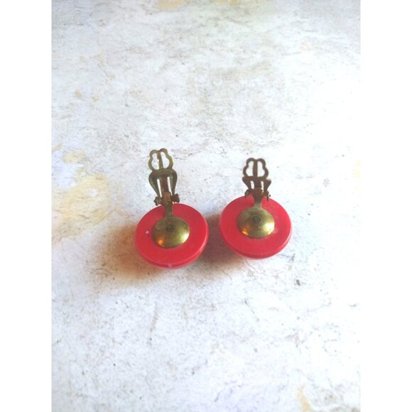 Vintage Japan Red Circle Clip On Earrings Estate Jewelry - Picture 3 of 6